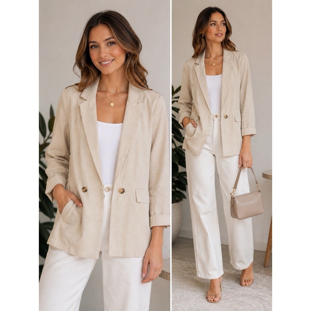 The Workshop Winslow Blazer Linen Blend Beige Open Front Office Jacket L NWT